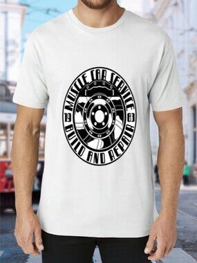 Men's White Tee with Bold Black Automotive Emblem